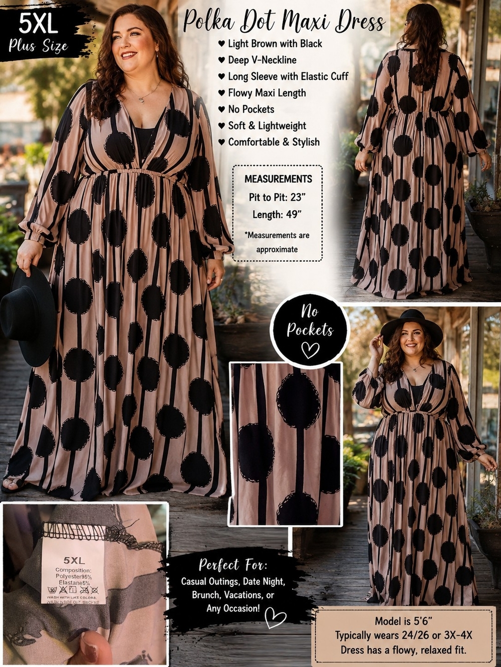 Polka Dot Maxi Dress - Light Brown with Black - Plus Size